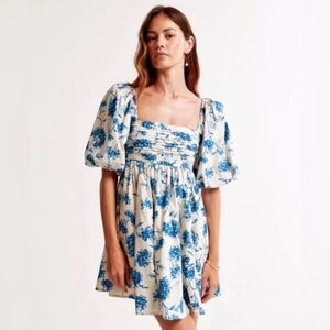 Abercrombie Emerson Poplin Puff Sleeve Mini Dress Blue Floral Medium